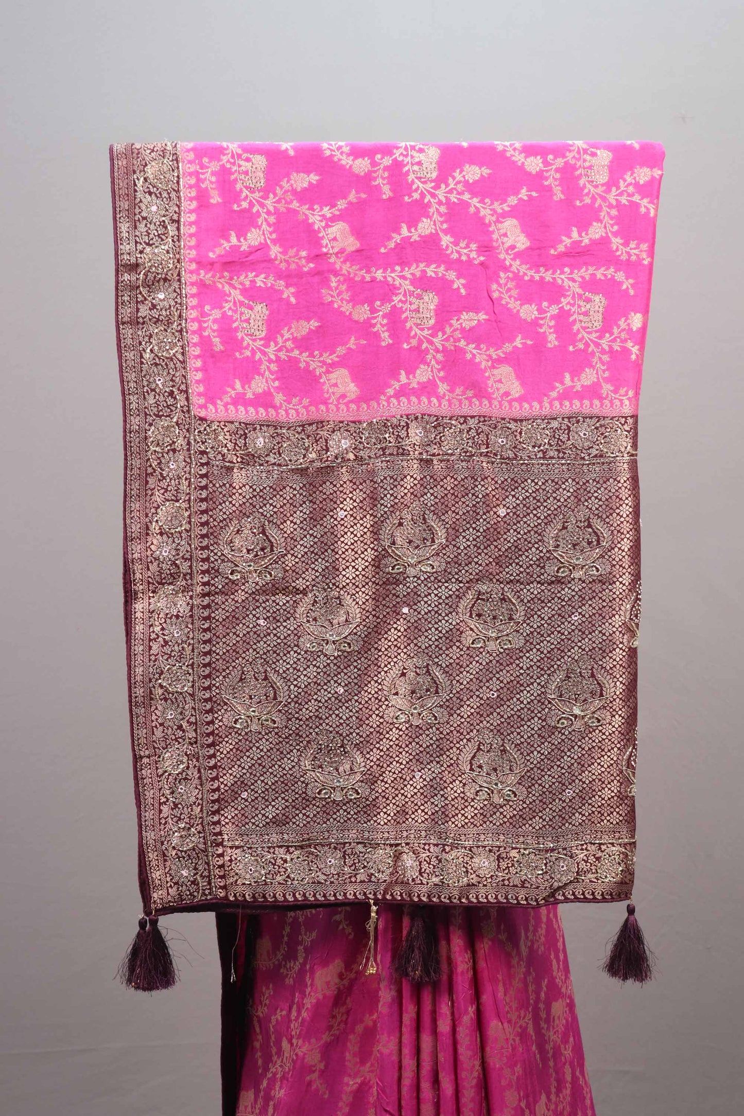 Rani Pink Kanjivaram Silk Saree  Zari Weaving Floral Elephant Motifs Rich