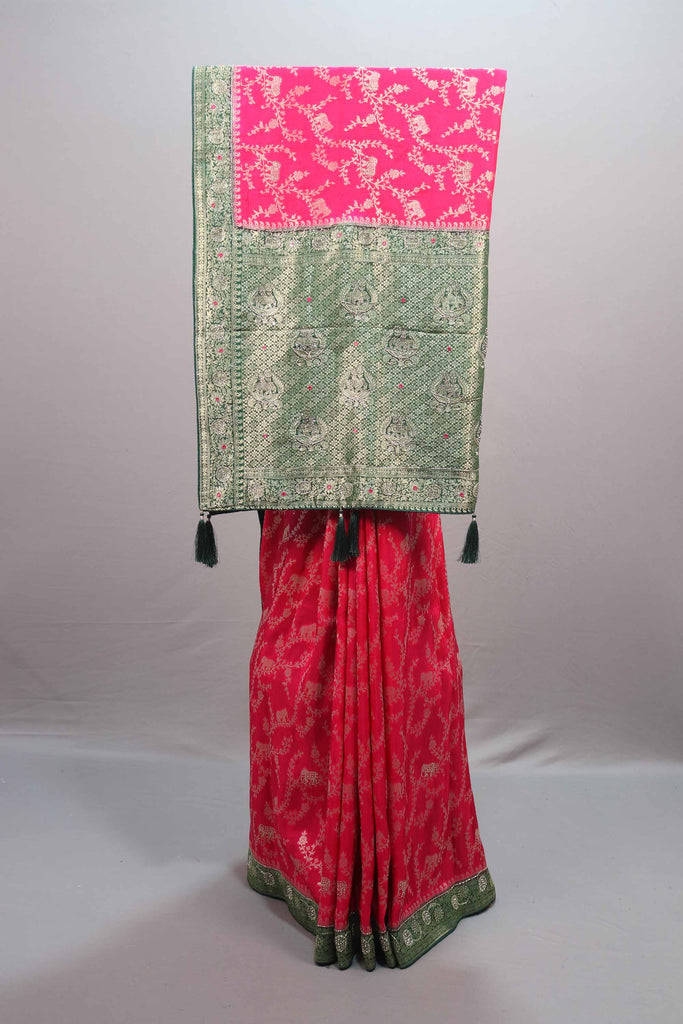  Rani Pink Green Kanjivaram Silk Saree Zari  Floral Elephant Motifs Rich Border