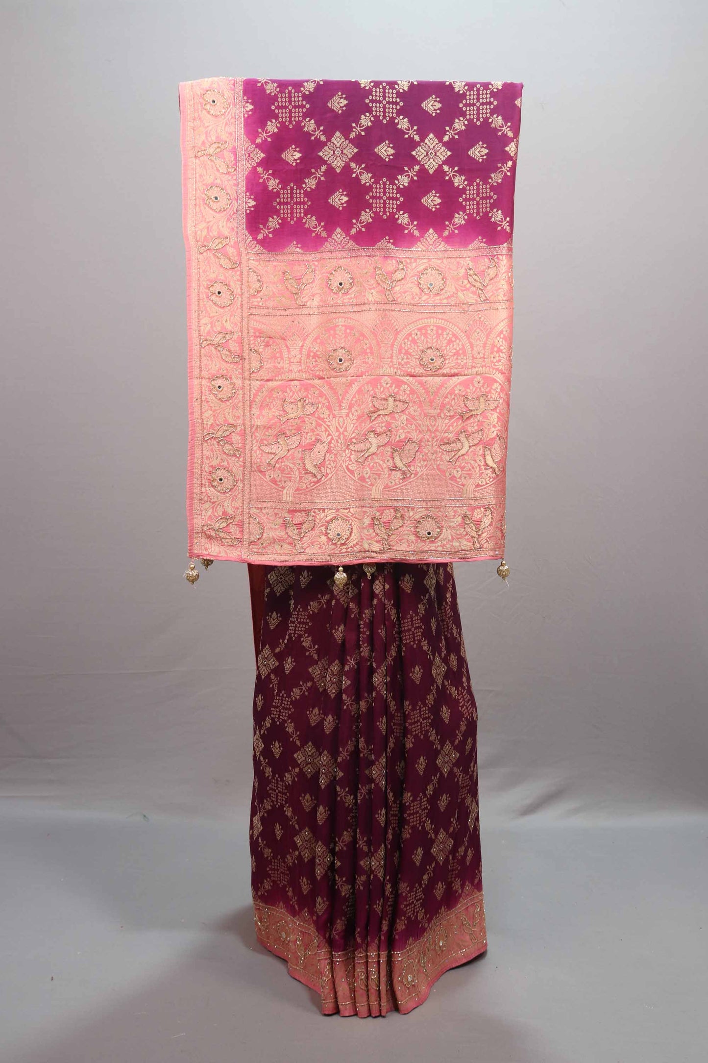 Wine Peach Kanjivaram Silk Saree Rich Zari Floral Motifs Designer Border 