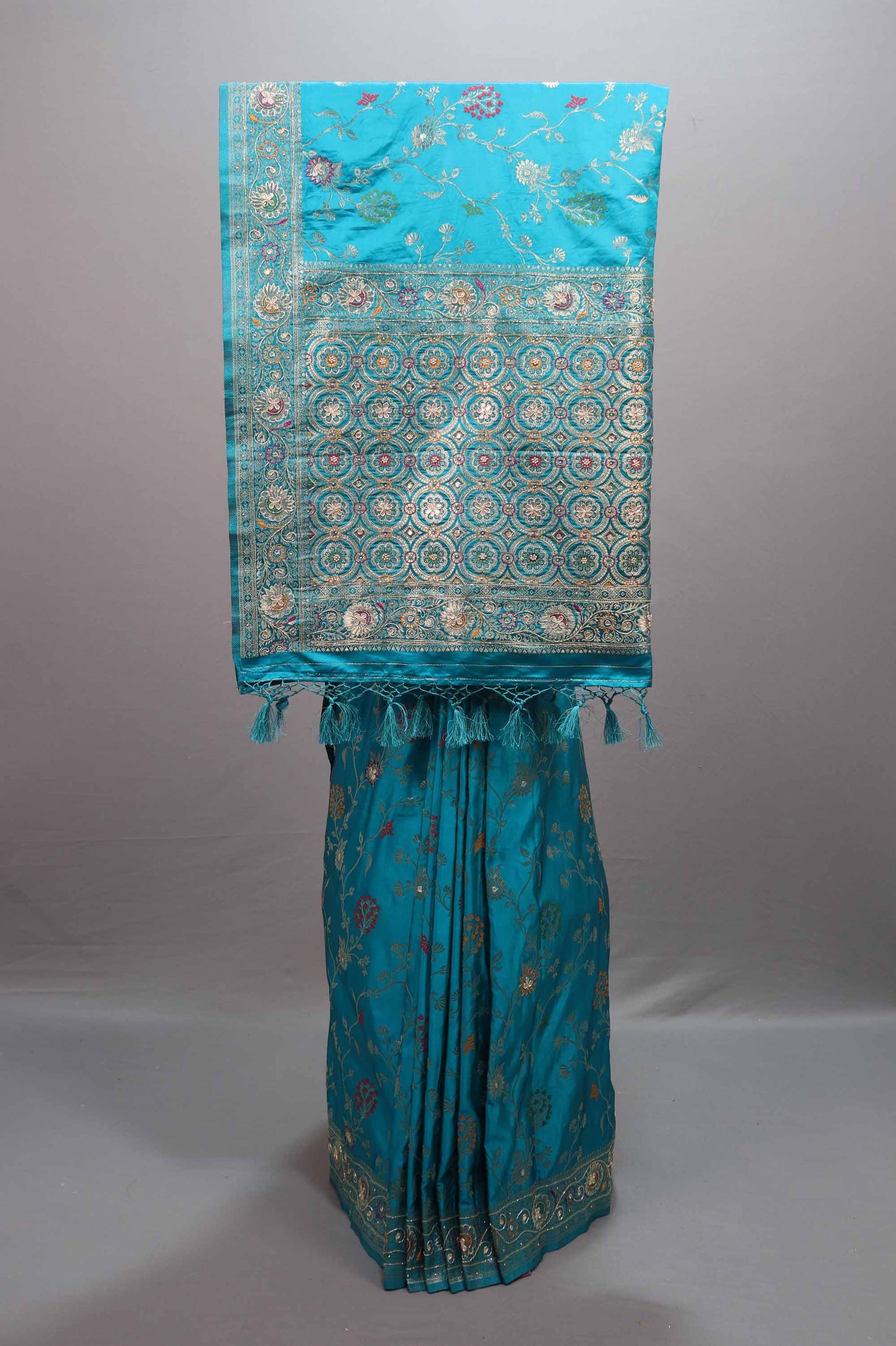 Teal Blue Silk Saree Floral Embroidery Rich Zari Border Designer Pallu 