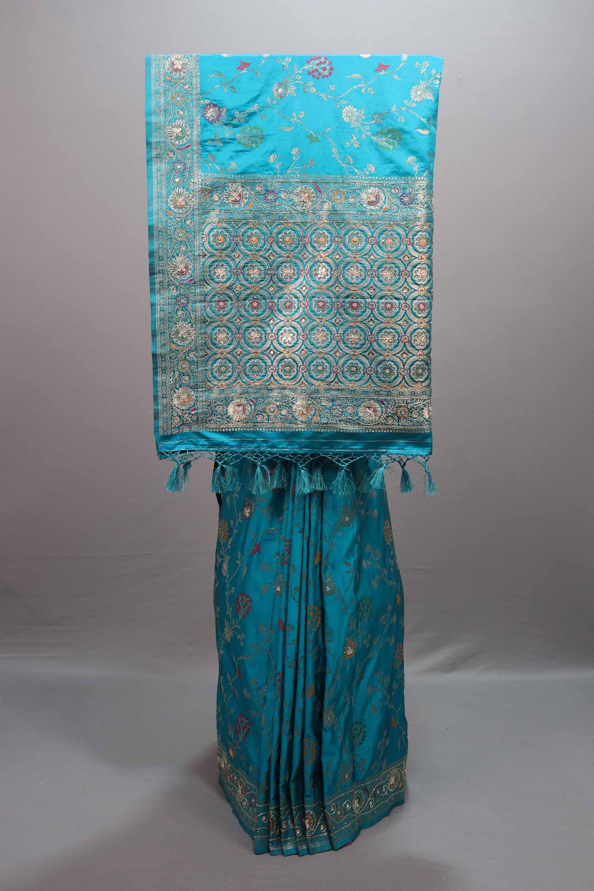 Teal Blue Silk Saree Floral Embroidery Rich Zari Border Designer Pallu 