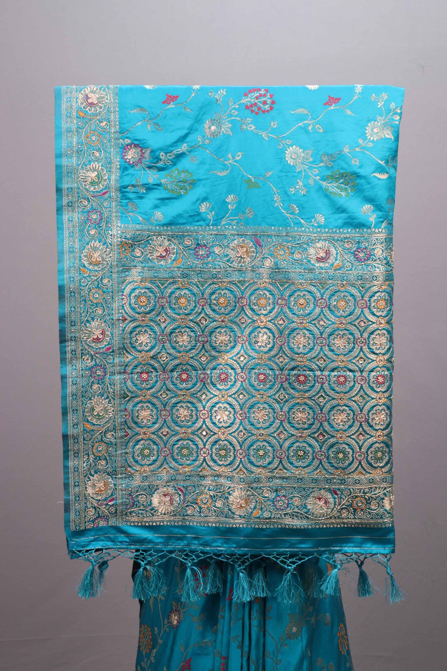 Teal Blue Silk Saree Floral Embroidery Rich Zari Border Designer Pallu