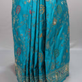 Teal Blue Silk Saree Floral Embroidery Rich Zari Border Designer Pallu