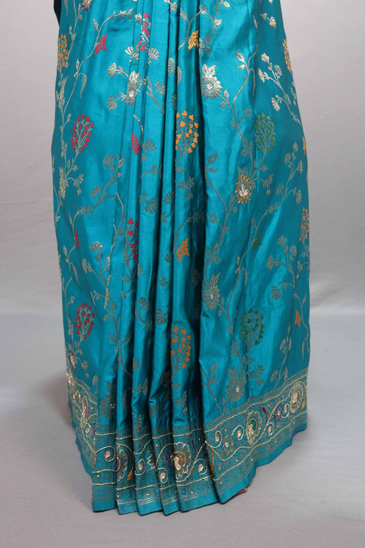 Teal Blue Silk Saree Floral Embroidery Rich Zari Border Designer Pallu