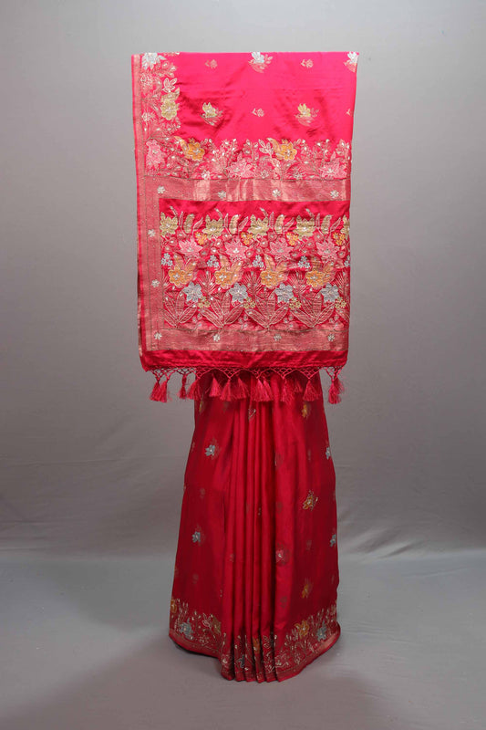  Red Silk Saree Multicolor Floral Embroidery Rich Zari Border Tassel Pallu 