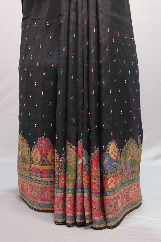 Designer Black Silk Saree Traditional Print Motifs Border Rich Pallu