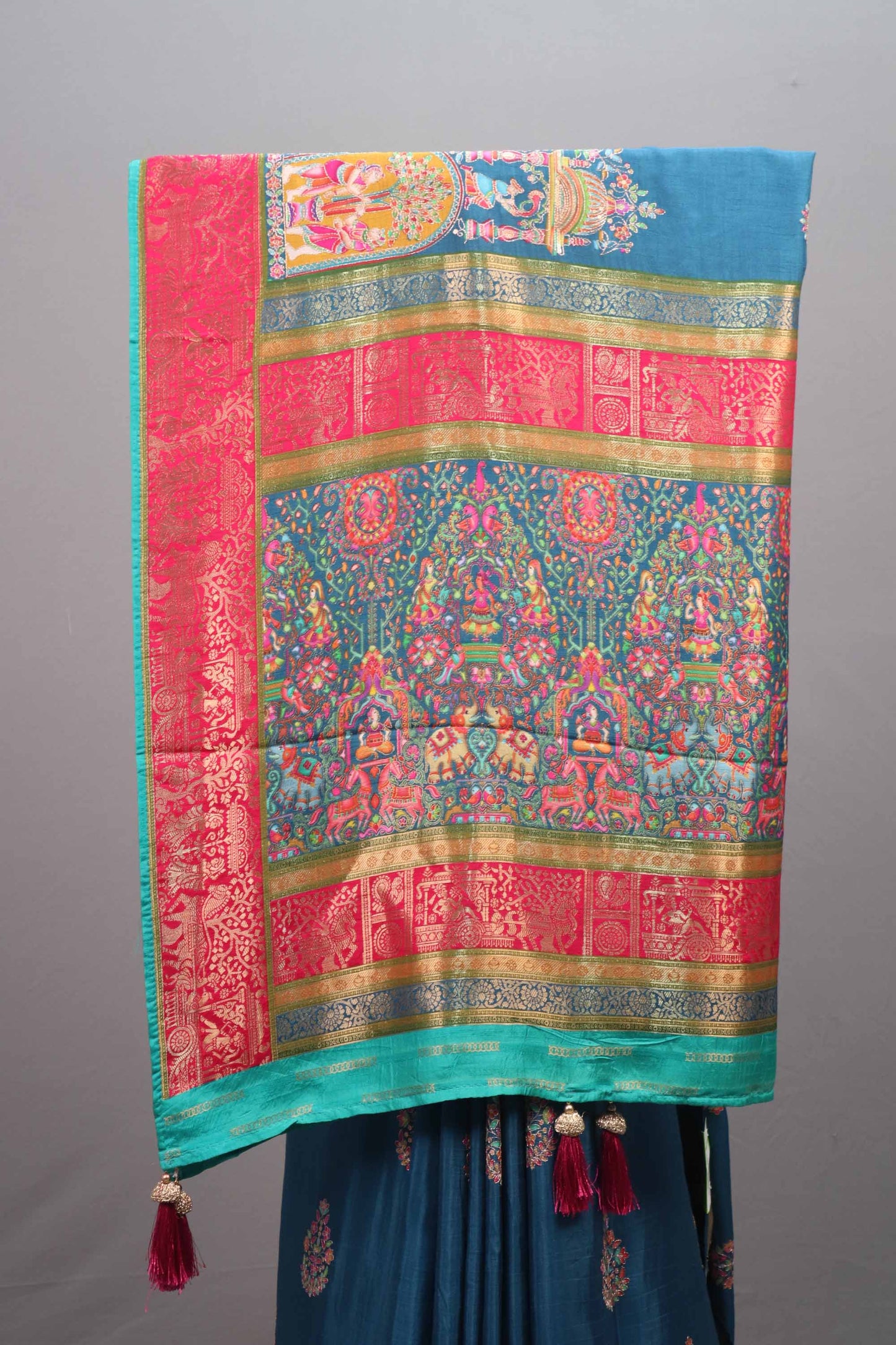Teal Blue Silk Saree Multicolor Traditional Print Motif Border Rich Pallu
