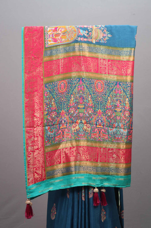 Teal Blue Silk Saree Multicolor Traditional Print Motif Border Rich Pallu