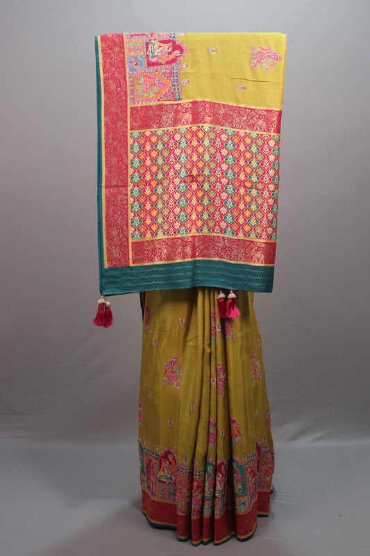  Mustard Yellow Silk Saree Multicolor Print Motif Border Rich Pallu