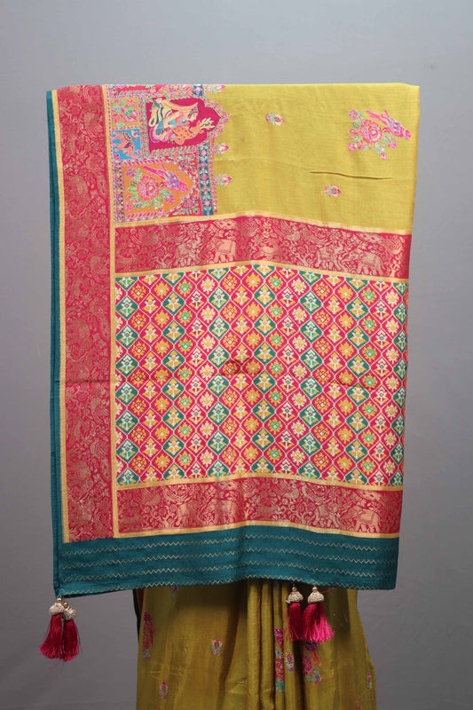 Mustard Yellow Silk Saree Multicolor Print Motif Border Rich Pallu