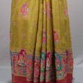 Mustard Yellow Silk Saree Multicolor Print Motif Border Rich Pallu