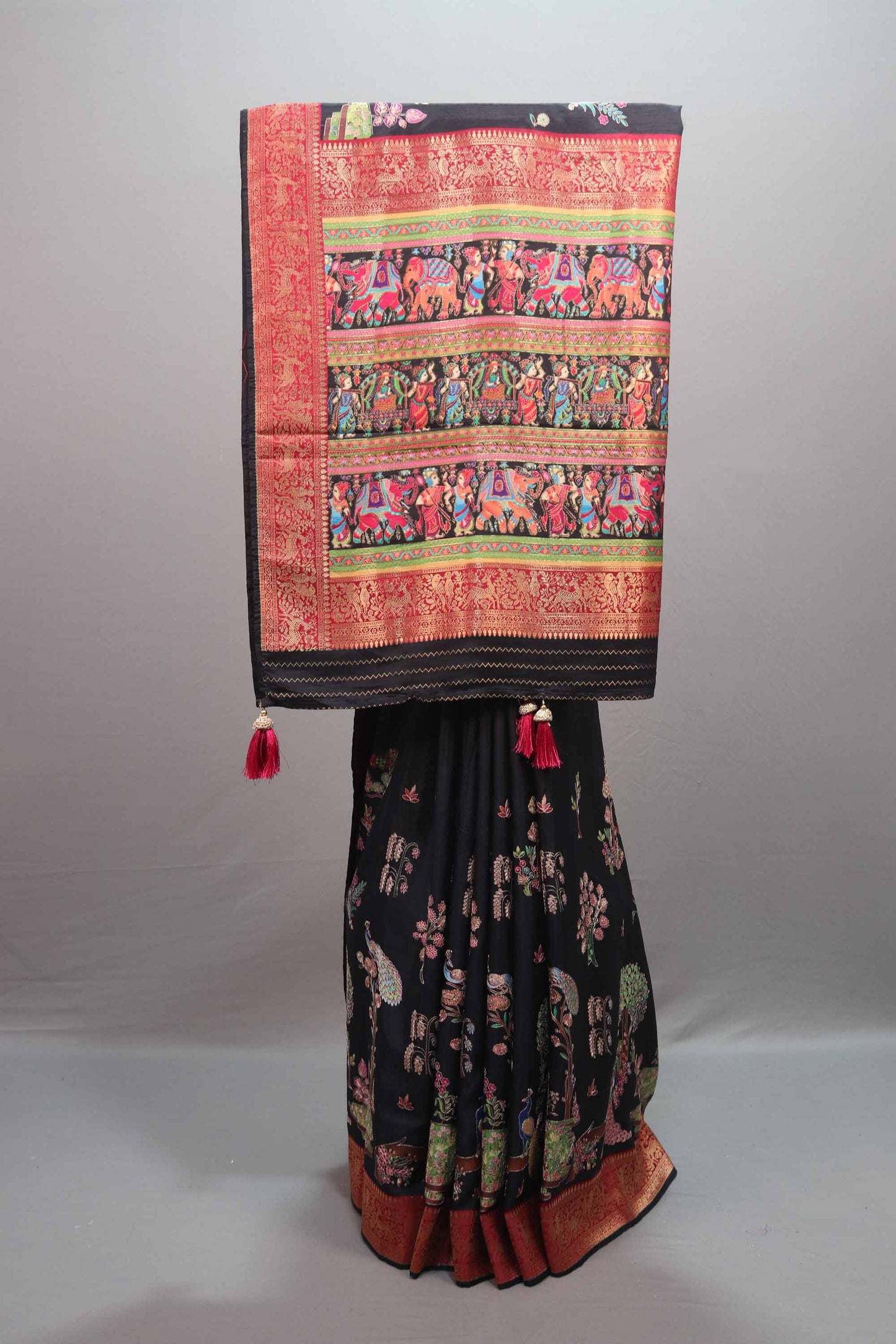  Black Silk Saree Multicolor Print Elephant Motif Border Rich Zari Pallu 