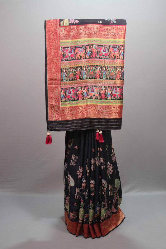  Black Silk Saree Multicolor Print Elephant Motif Border Rich Zari Pallu 