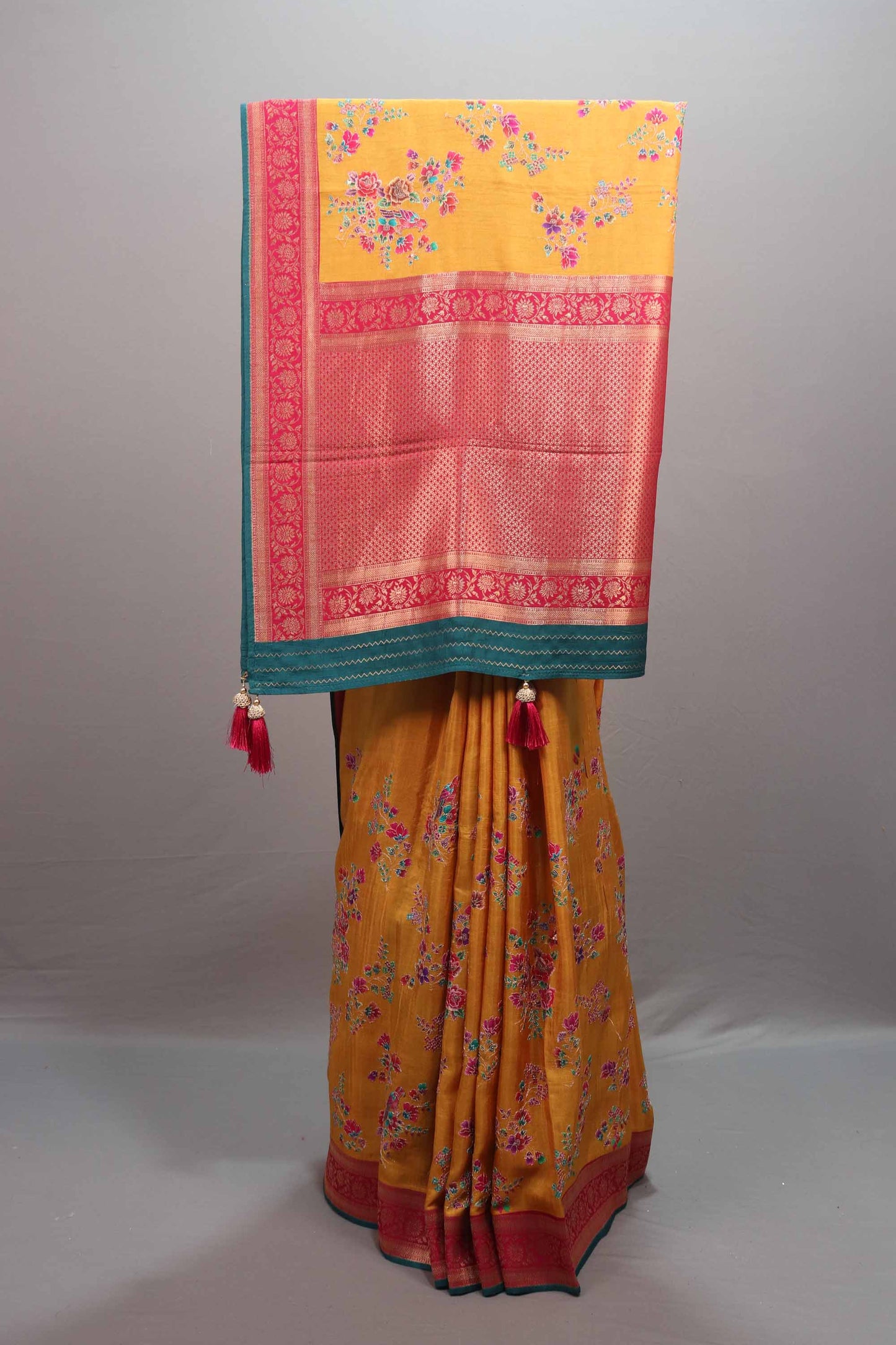 Mustard Yellow Silk Saree Floral Print Rich Zari Border Pallu