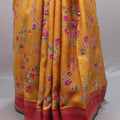 Mustard Yellow Silk Saree Floral Print Rich Zari Border Pallu