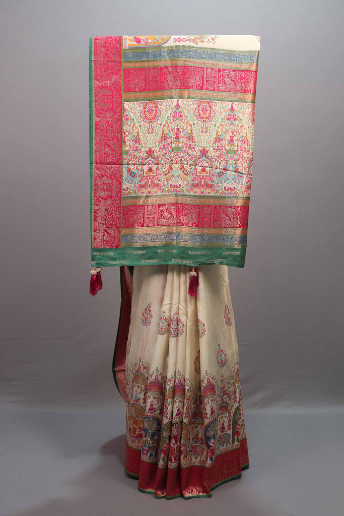 Designer Cream Silk Saree Multicolor Traditional Print Motif Border