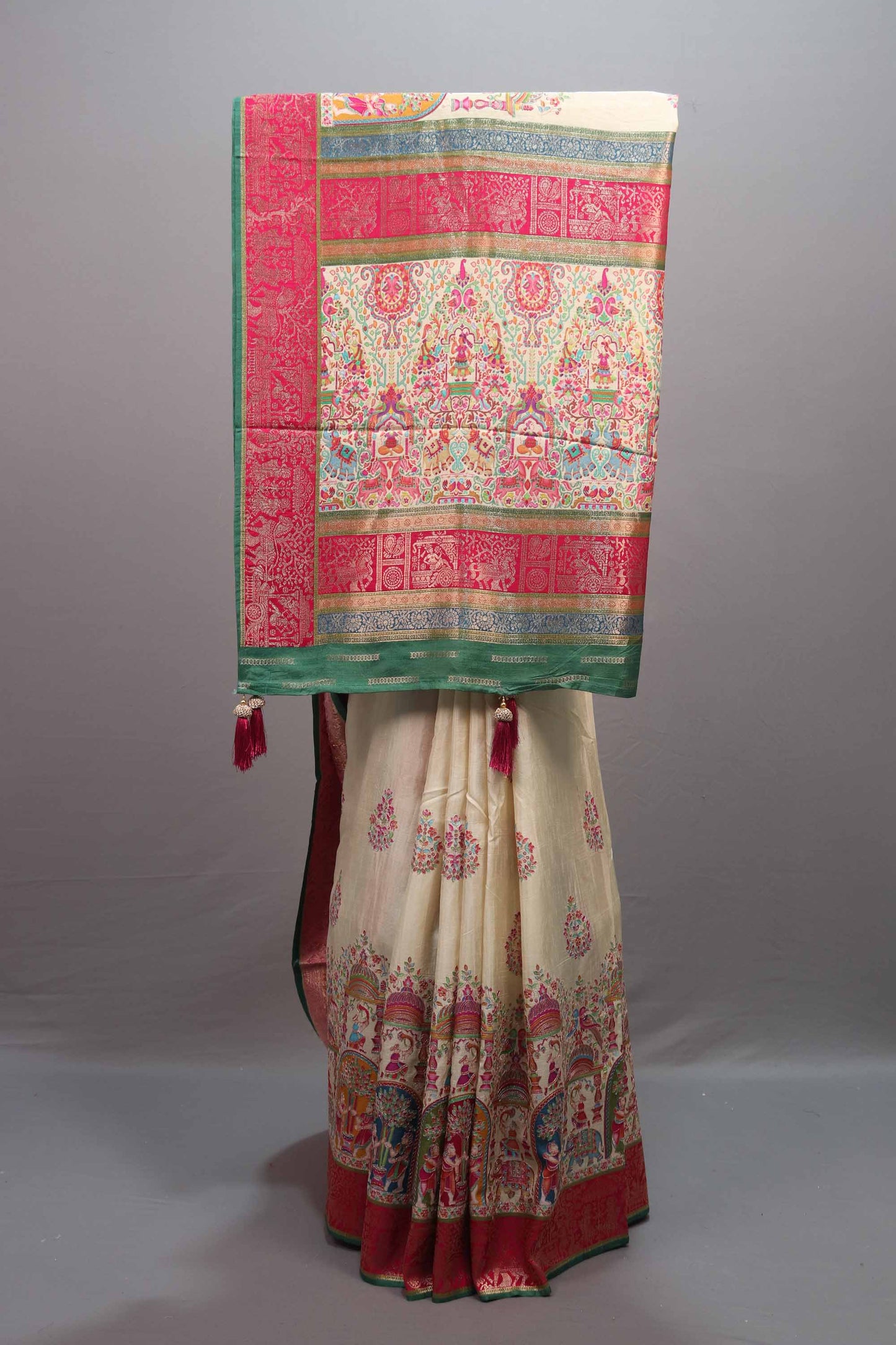 Designer Cream Silk Saree Multicolor Traditional Print Motif Border