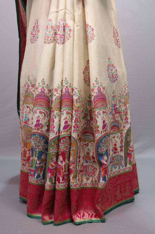Designer Cream Silk Saree Multicolor Traditional Print Motif Border