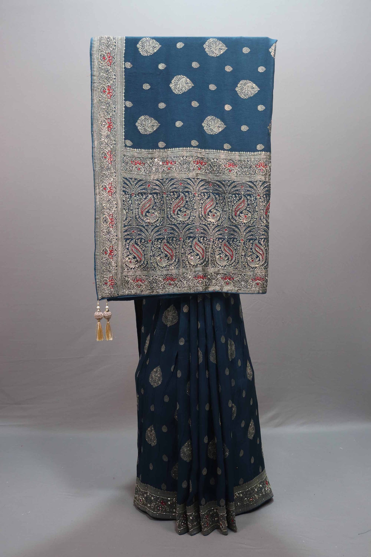  Navy Blue Silk Saree with Silver Zari Weaving Designer Border