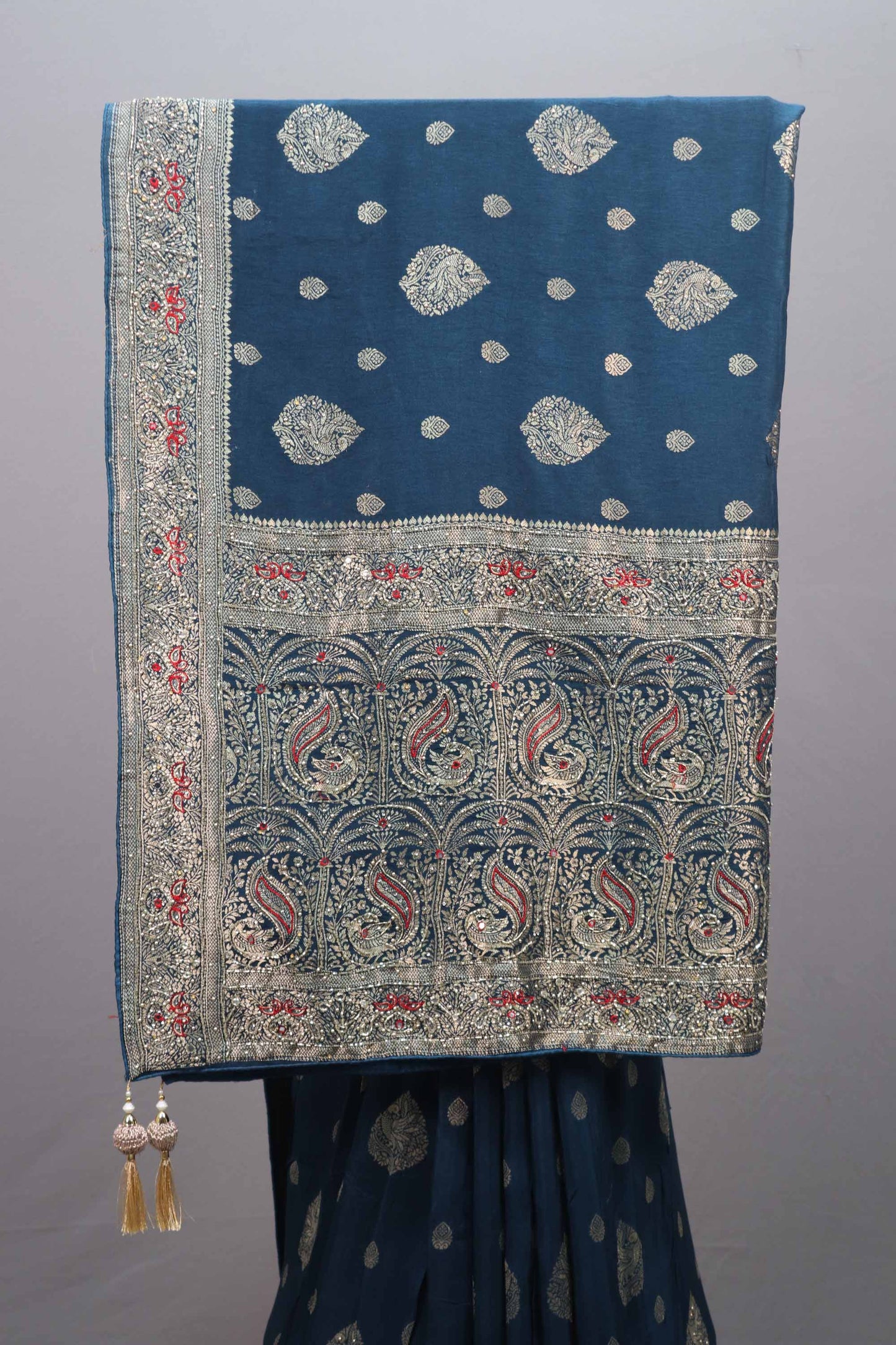 Navy Blue Silk Saree with Silver Zari Weaving Designer Border