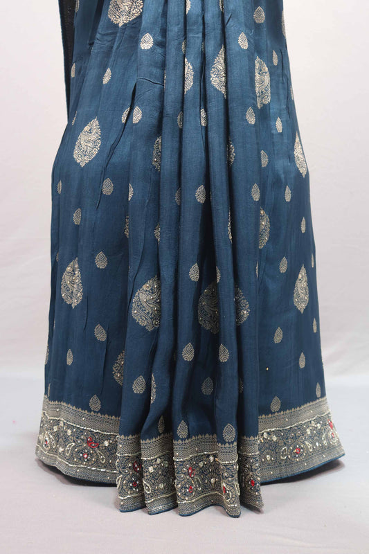Navy Blue Silk Saree with Silver Zari Weaving Designer Border