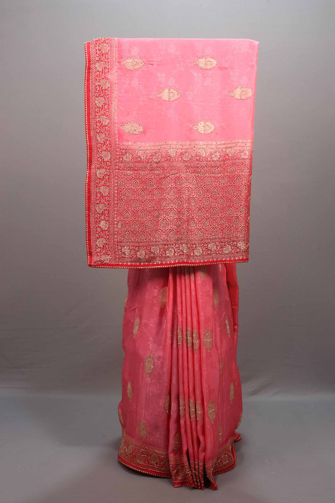 Pink Silk Saree with Gold Zari Weaving Rich Designer Border 