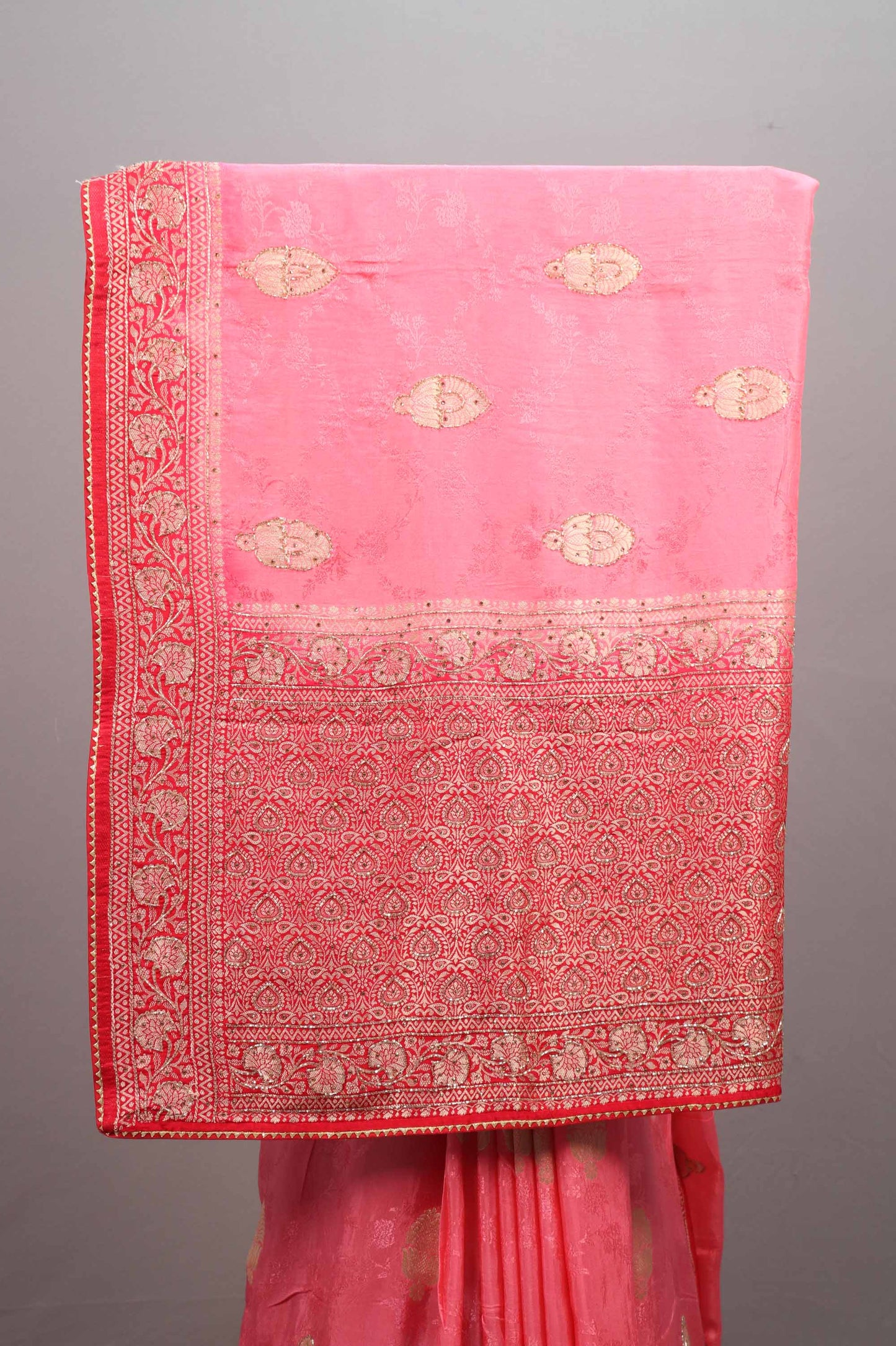 Pink Silk Saree with Gold Zari Weaving Rich Designer Border