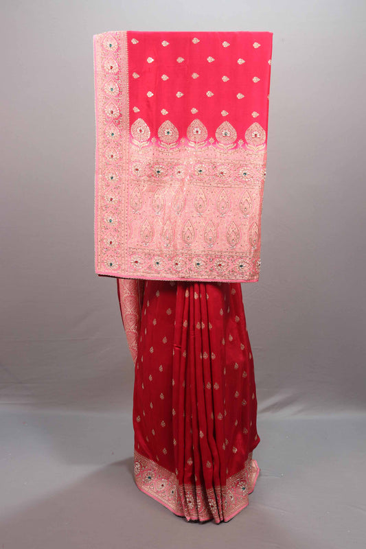 Red Pink Silk Saree with Heavy Embroidered Border Zari Designer Pallu 