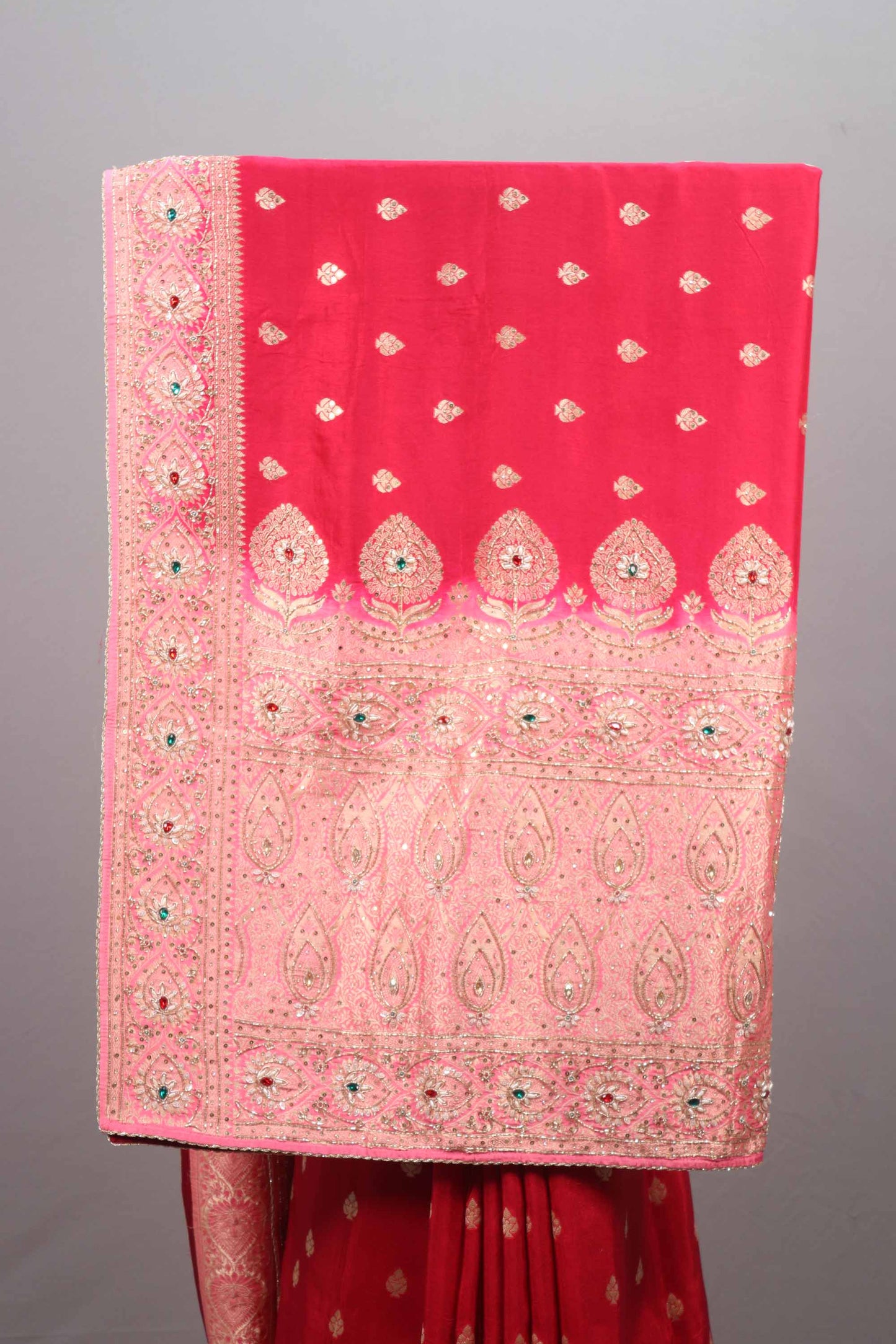 Red Pink Silk Saree with Heavy Embroidered Border Zari Designer Pallu