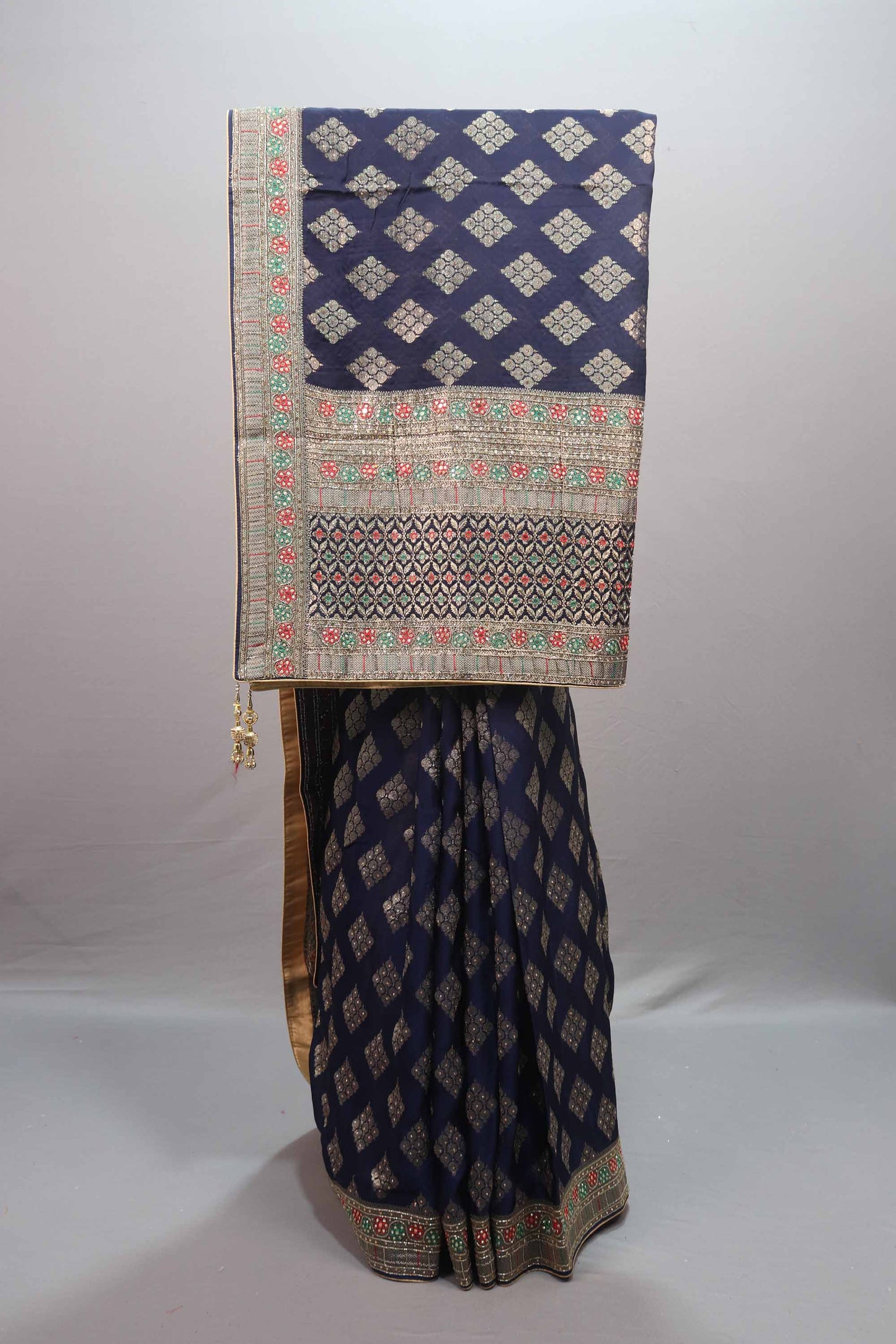  Navy Blue Silk Saree with Gold Zari Motifs Woven Border Designer Pallu
