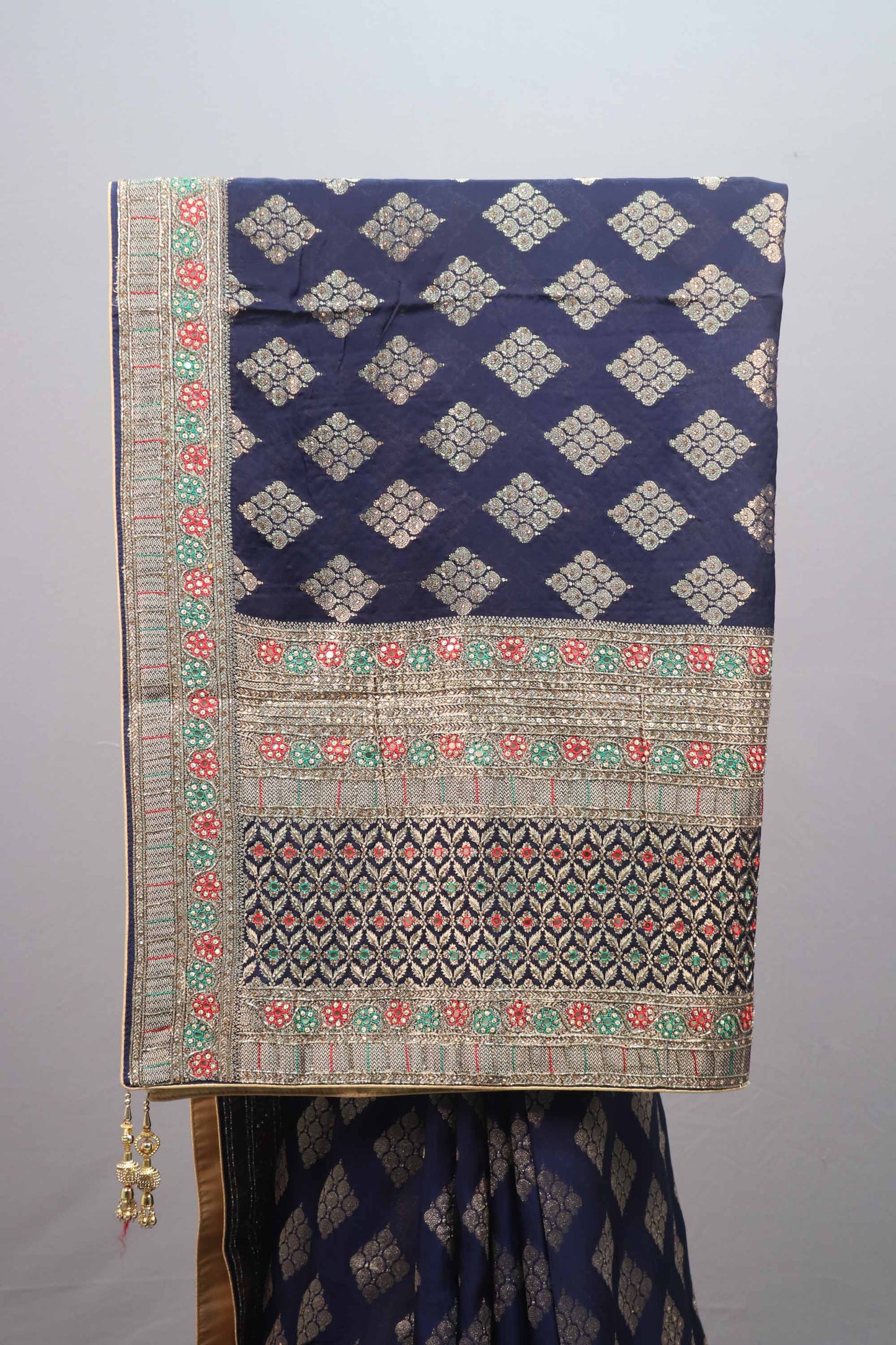 Navy Blue Silk Saree with Gold Zari Motifs Woven Border Designer Pallu