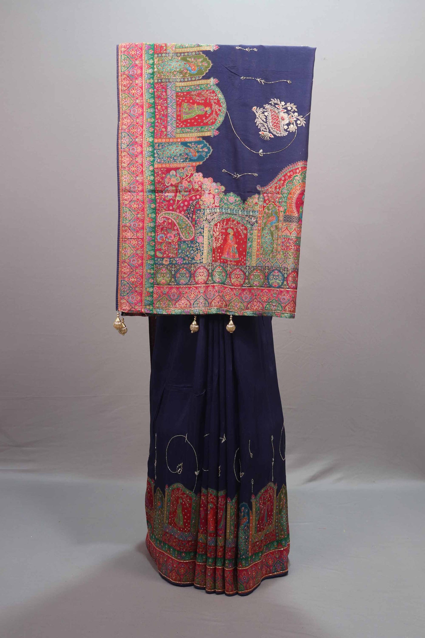  Navy Blue Banarasi Silk Saree with Traditional Temple Border