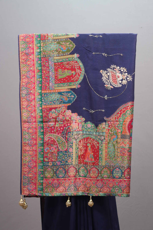 Navy Blue Banarasi Silk Saree with Traditional Temple Border