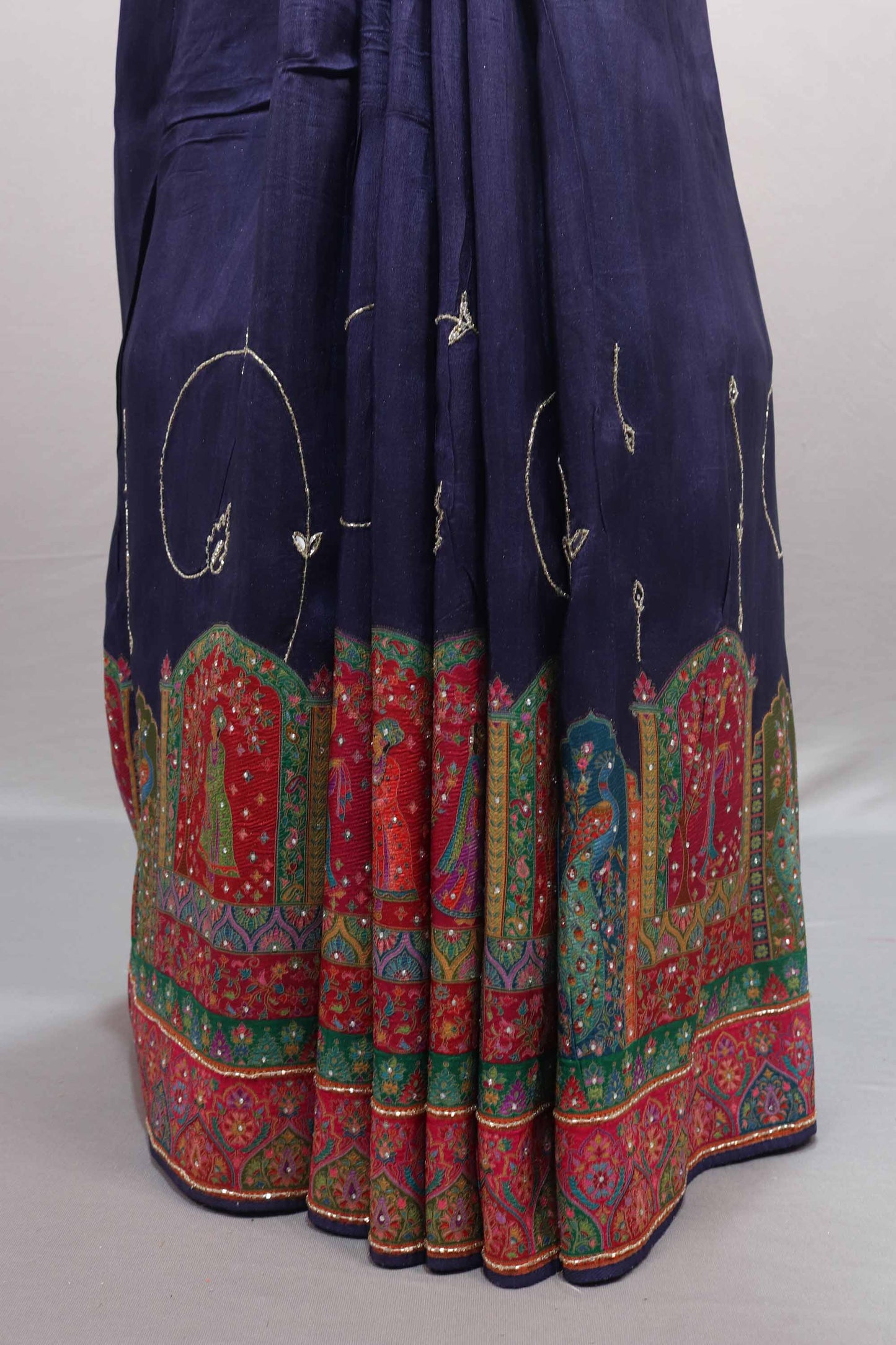 Navy Blue Banarasi Silk Saree with Traditional Temple Border