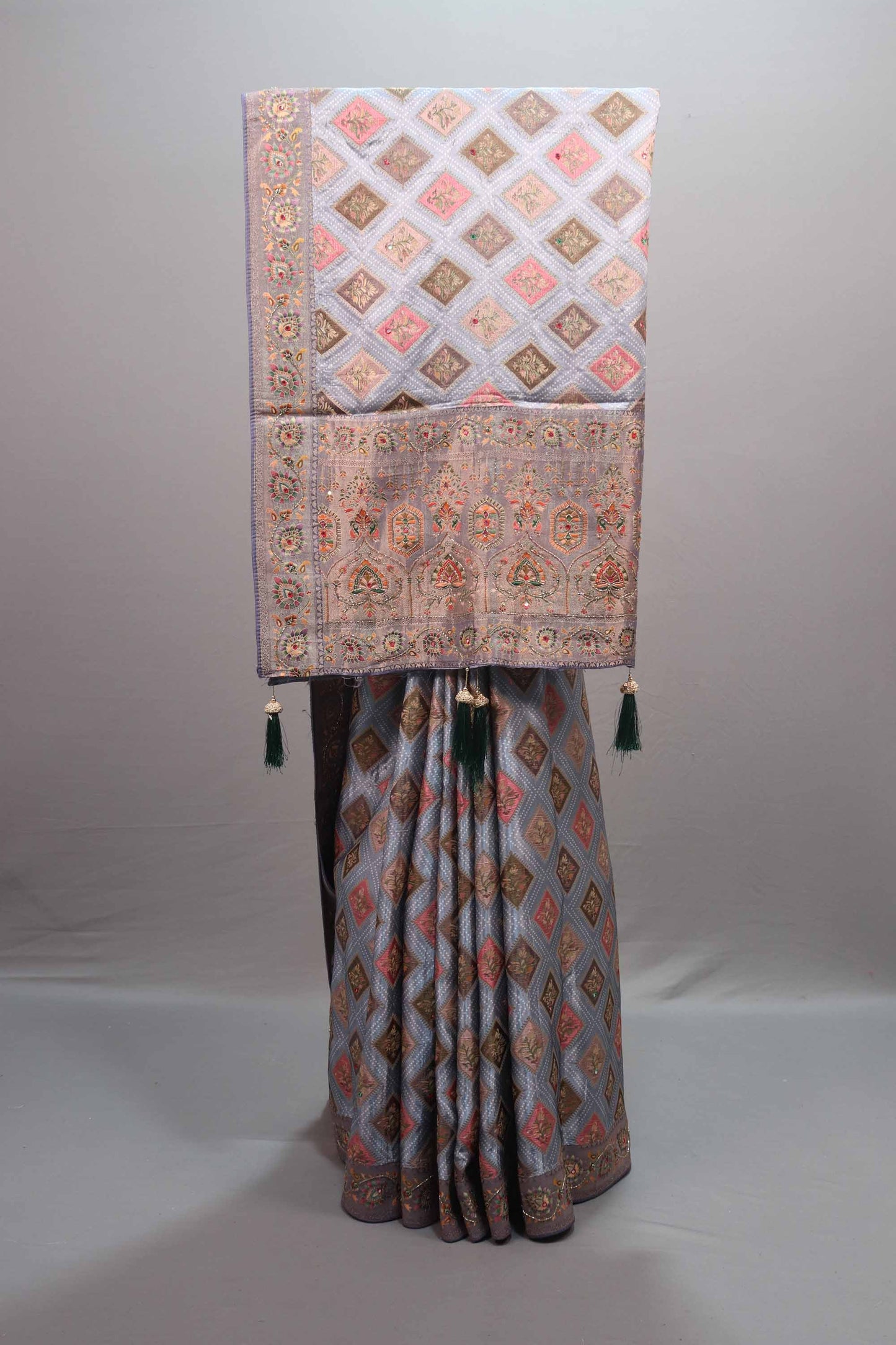 Grey Banarasi Silk Saree with Diamond Check Pattern Rich Zari Border 