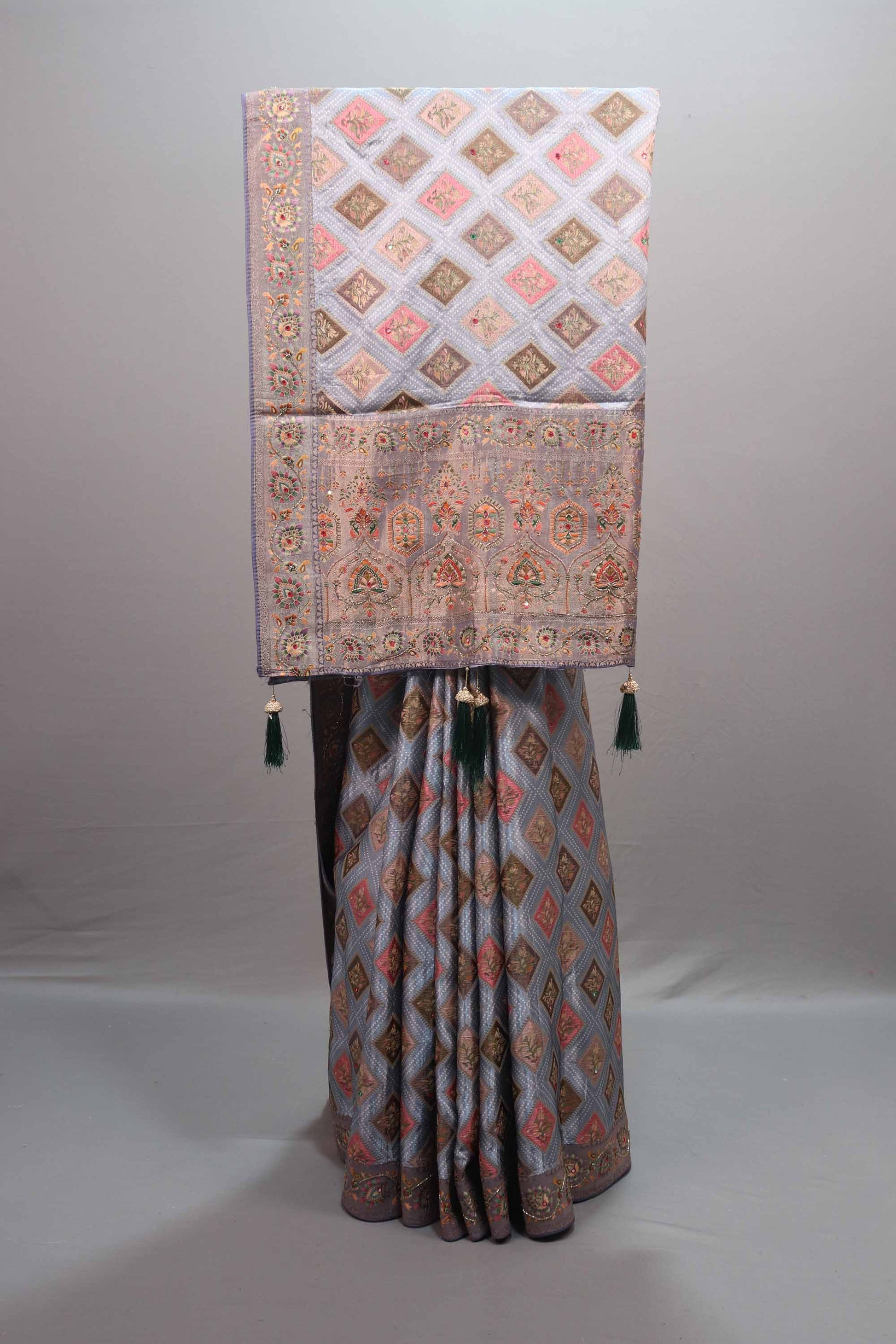Grey Banarasi Silk Saree with Diamond Check Pattern Rich Zari Border 