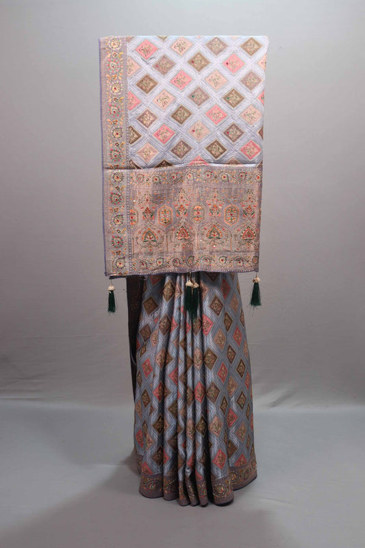 Grey Banarasi Silk Saree with Diamond Check Pattern Rich Zari Border 
