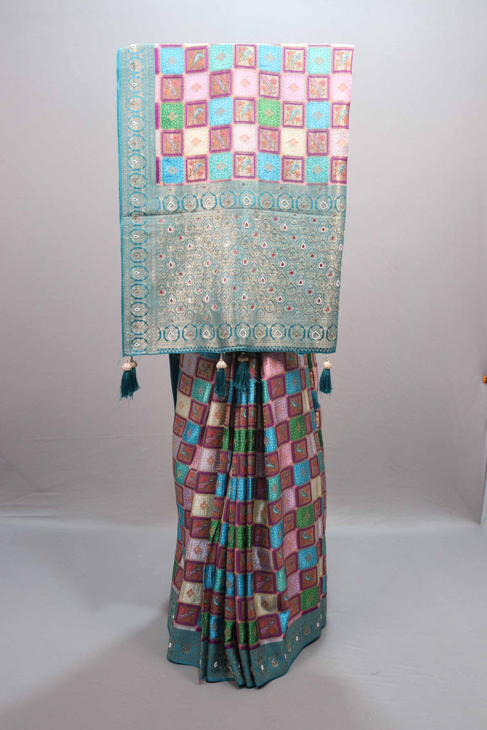  Multicolor Banarasi Silk Saree with Checkered Design Rich Teal Zari Border 