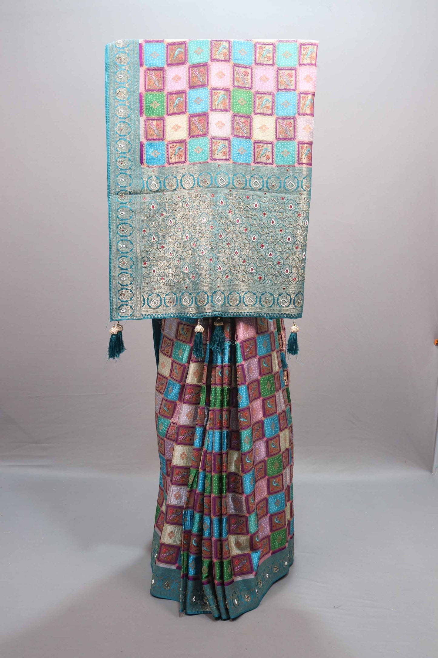  Multicolor Banarasi Silk Saree with Checkered Design Rich Teal Zari Border 