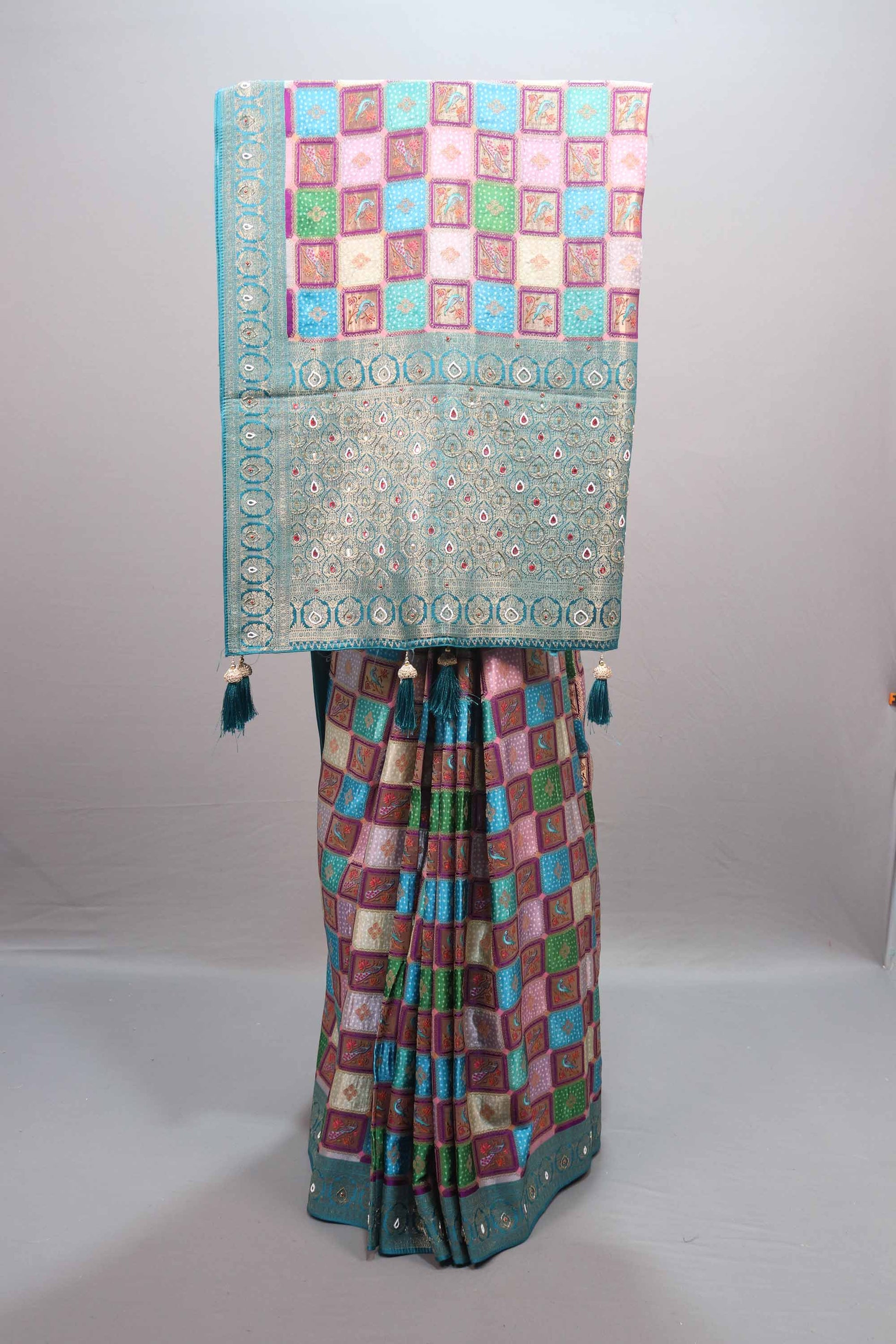  Multicolor Banarasi Silk Saree with Checkered Design Rich Teal Zari Border 