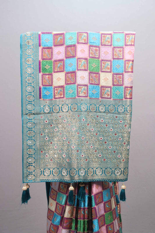 Multicolor Banarasi Silk Saree with Checkered Design Rich Teal Zari Border