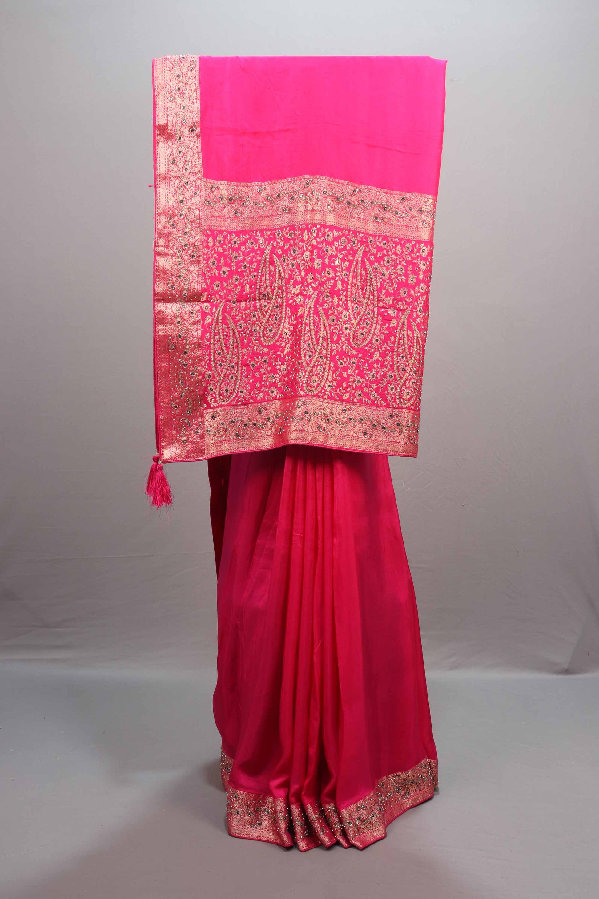  Rani Pink Silk Saree with Heavy Zari Embroidered Border Design