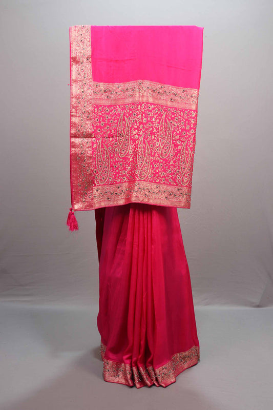  Rani Pink Silk Saree with Heavy Zari Embroidered Border Design