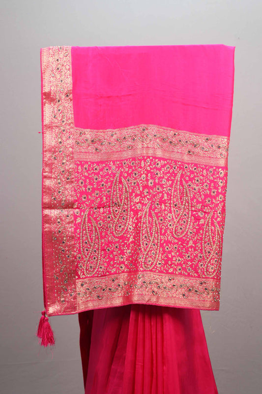 Rani Pink Silk Saree with Heavy Zari Embroidered Border Design