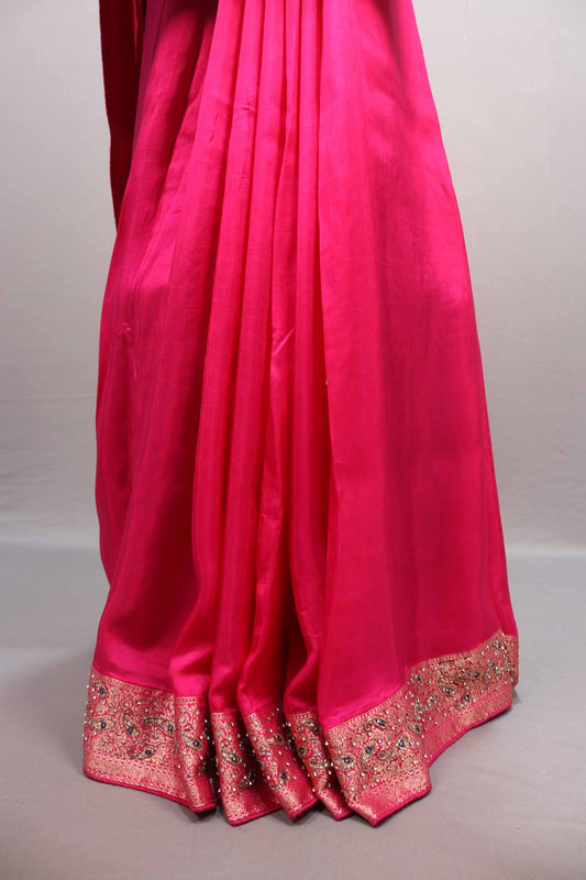 Rani Pink Silk Saree with Heavy Zari Embroidered Border Design
