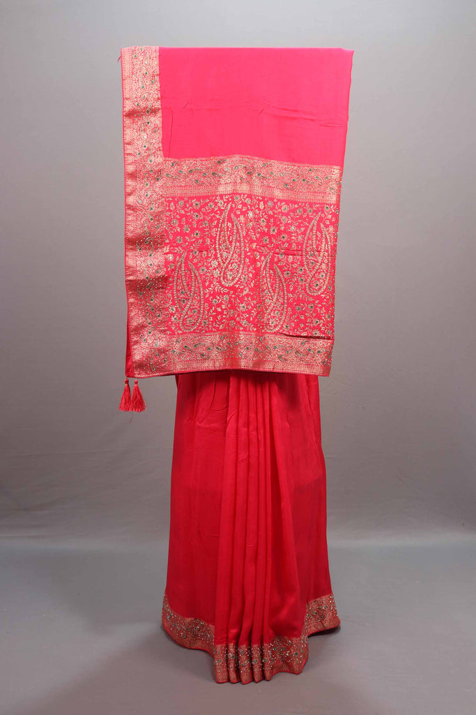 Red Silk Saree with Heavy Zari Embroidered Border Paisley Design