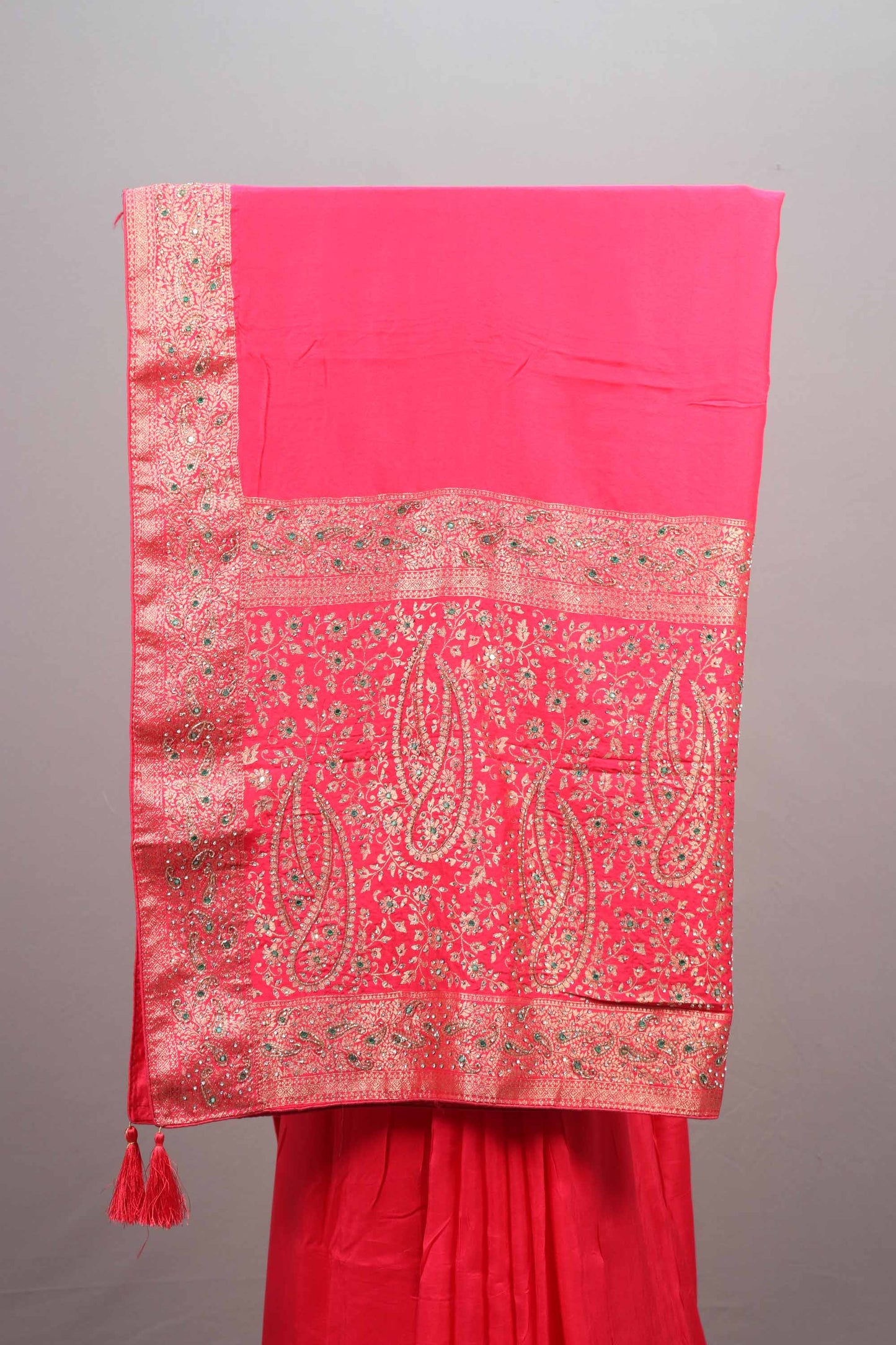 Red Silk Saree with Heavy Zari Embroidered Border Paisley Design