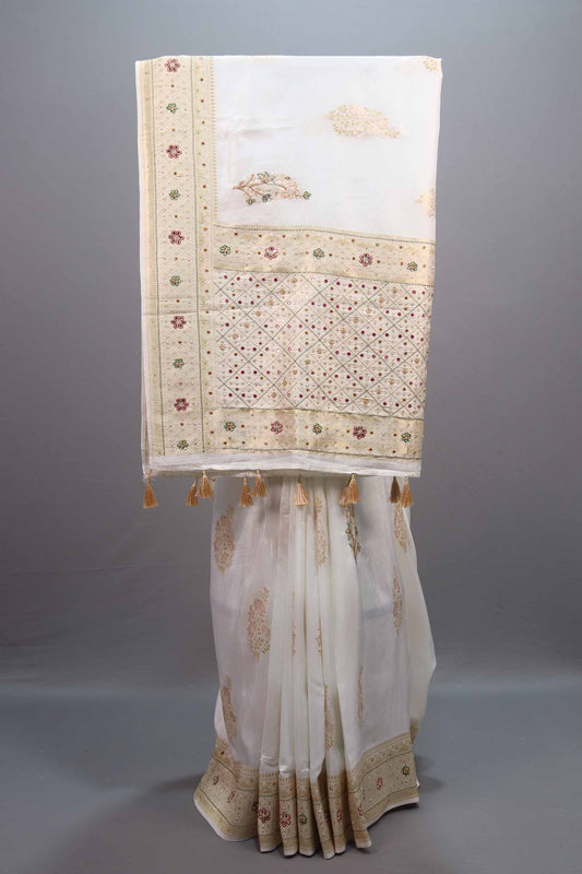 Off White Silk Saree with Floral Embroidery Rich Zari Border 