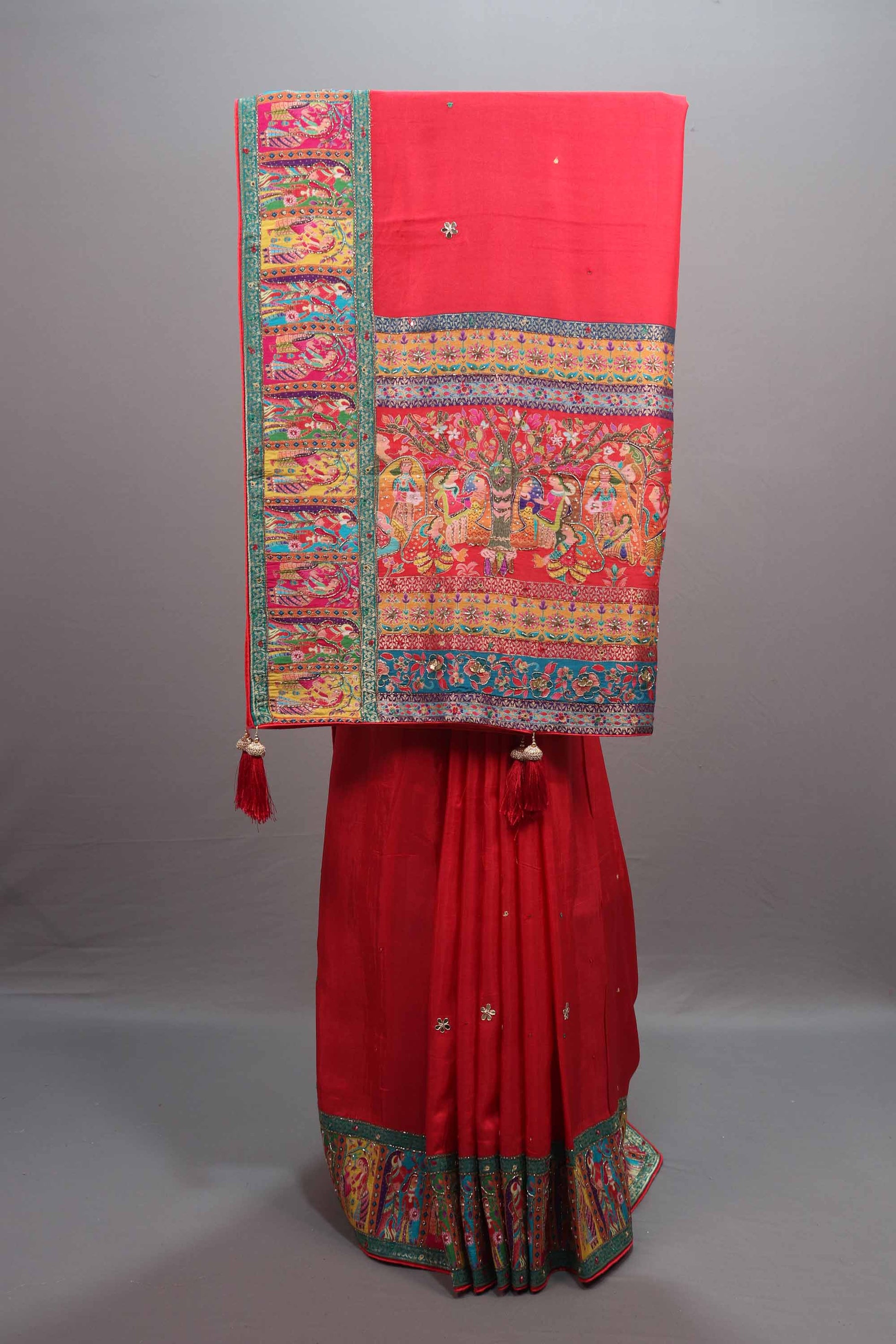 Elegant Red Silk Saree with Traditional Multicolor Border Design 