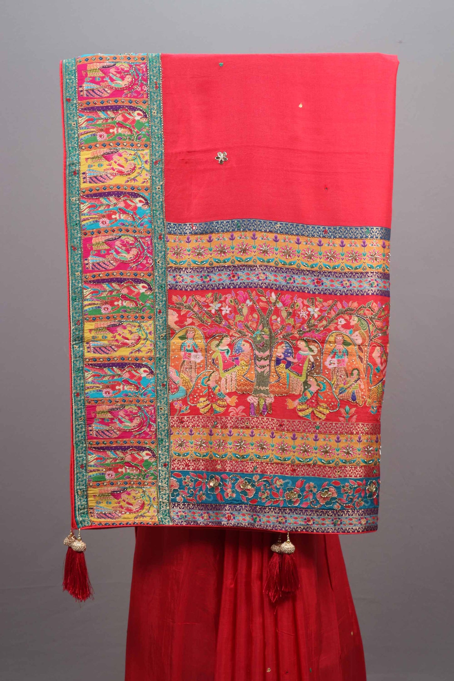 Elegant Red Silk Saree with Traditional Multicolor Border Design